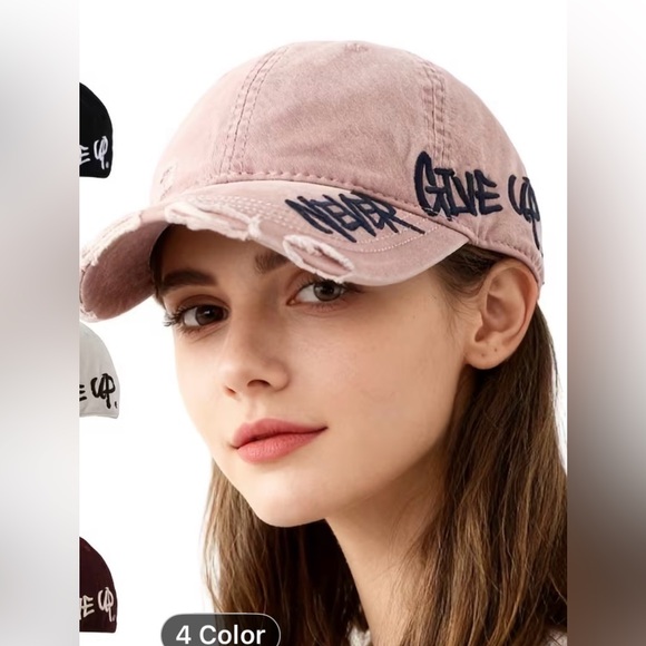 Pink Distressed Cap with Motivational Text Hat Never Give Up Blush - Picture 2 of 4